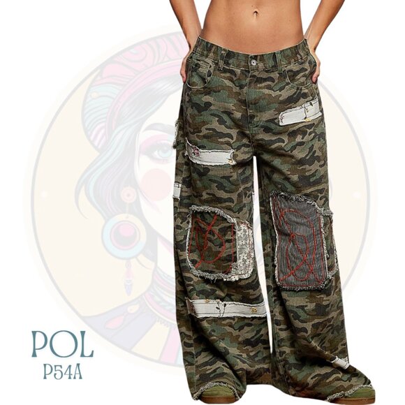 P54A POL Camo Patches Drawstring Wide Leg Woven Pants - Picture 1 of 2